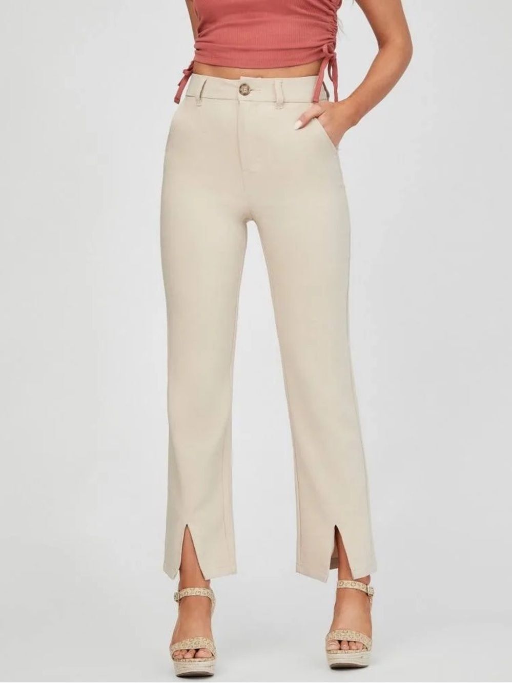 NWT Guess Liana Cream Straight-Leg High-Waist Pants with Front Slits Sz L